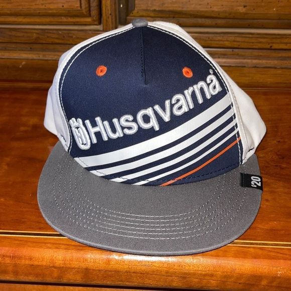 Husqvarna Logo Trucker Hat Blue White Orange Stripe Ball Cap Back Men - Picture 1 of 6